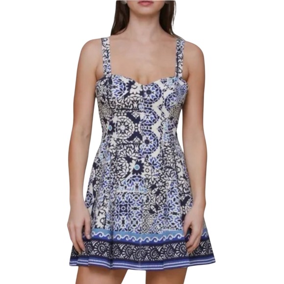 Avec Les Filles Blue White Mosaic Sweetheart Neck Mini Sundress Size 14 NEW - Picture 2 of 14